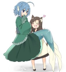 Rule 34 | 2girls, :d, abe suke, ahoge, animal ears, black footwear, blue eyes, blue hair, blush, brown hair, carrying, closed eyes, commentary request, dress, fang, fins, fish tail, full body, green kimono, head fins, heart, imaizumi kagerou, japanese clothes, kimono, long hair, multiple girls, obi, open mouth, princess carry, sash, short hair, signature, simple background, sleeves past wrists, smile, standing, sweat, tail, touhou, wakasagihime, white background, wolf ears, wolf tail