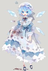 Rule 34 | 1girl, absurdres, alternate costume, ambiguous red liquid, apron, black footwear, blue dress, blue eyes, blue hair, blush, cirno, detached wings, dress, enmaided, fairy, fang, grey background, hat, highres, ice, ice wings, juliet sleeves, long sleeves, maid, maid apron, mob cap, nikorashi-ka, open mouth, puffy sleeves, shoes, short hair, simple background, skin fang, solo, touhou, white apron, white hat, wings