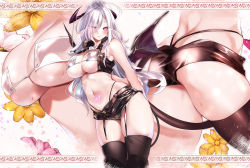 Rule 34 | 1girl, arms behind back, ass, bare shoulders, black thighhighs, breasts, covered erect nipples, crop top, demon girl, demon horns, demon tail, demon wings, from behind, garter straps, highres, horns, kumatora tatsumi, large breasts, looking at viewer, multiple views, navel, original, panty straps, pointy ears, pubic tattoo, purple eyes, short shorts, shorts, skindentation, sleeveless, solo, sweat, sweatdrop, tail, tattoo, thighhighs, thighs, thong, underboob, white hair, wings