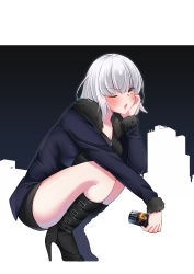 Rule 34 | 1girl, ;o, absurdres, black dress, black footwear, blue jacket, blush, boots, can, dress, fate/grand order, fate (series), frown, fur-trimmed jacket, fur trim, hand on own cheek, hand on own face, high heel boots, high heels, highres, holding, holding can, jacket, jeanne d&#039;arc (fate), jeanne d&#039;arc alter (fate), jeanne d&#039;arc alter (ver. shinjuku 1999) (fate), looking at viewer, nanohana (november.), official alternate costume, one eye closed, open clothes, open jacket, open mouth, short dress, short hair, solo, squatting, white hair, wicked dragon witch ver. shinjuku 1999, yellow eyes, zipper pull tab
