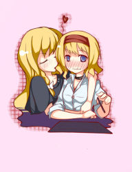 Rule 34 | 2girls, alice margatroid, alternate costume, blonde hair, blue eyes, blush, closed eyes, contemporary, drawing tablet, female focus, hair in own mouth, hairband, kirisame marisa, long hair, mouth hold, multiple girls, noirly, short hair, sleeves rolled up, touhou