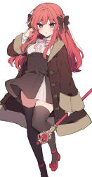 Rule 34 | 1girl, anna (ikeuchi tanuma), black bow, black skirt, black thighhighs, blush, bow, breasts, brown coat, buttons, coat, double-breasted, hair bow, hand up, high-waist skirt, holding, holding wand, ikeuchi tanuma, long hair, looking at viewer, miniskirt, neck ribbon, open clothes, open coat, original, parted lips, pink ribbon, purple eyes, red footwear, ribbon, shirt, shoes, simple background, skirt, small breasts, solo, thighhighs, wand, white background, white shirt, zettai ryouiki
