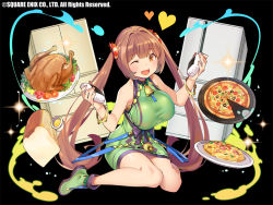 Rule 34 | 1girl, :d, bare shoulders, bell, black background, blush, bracelet, bread, breasts, brown hair, collar, dress, food, food request, green dress, green footwear, hair intakes, hands up, holding, holding food, jewelry, kai-ri-sei million arthur, large breasts, long hair, looking at viewer, million arthur (series), neck bell, official art, one eye closed, onigiri, open mouth, orange eyes, pizza, plate, popqn, shoes, sitting, sleeveless, sleeveless dress, smile, solo, twintails, very long hair