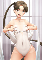 Rule 34 | 1girl, anchor ornament, ayanami (kancolle), brown eyes, brown hair, cameltoe, casual one-piece swimsuit, choker, commentary request, cosplay, covered navel, cowboy shot, criss-cross halter, curtains, flat chest, frilled one-piece swimsuit, frilled swimsuit, frills, halterneck, highleg, highleg swimsuit, kantai collection, kasu (kasunohikari), long hair, mixed-language commentary, one-piece swimsuit, one-piece tan, sagiri (kancolle), sagiri (kancolle) (cosplay), shawl, side-tie swimsuit, side ponytail, solo, swimsuit, tan, tanline, white choker, white one-piece swimsuit, white shawl, window