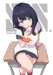 Rule 34 | 1girl, black hair, blue eyes, blush, bow, bowtie, cellphone, closed mouth, crossed legs, desk, feet out of frame, from above, gridman universe, gridman universe (film), highres, holding, holding phone, long hair, looking at viewer, miniskirt, on desk, phone, scrunchie, sitting, on desk, skirt, solo, ssss.gridman, sweater vest, taachika, takarada rikka, thighs, wrist scrunchie