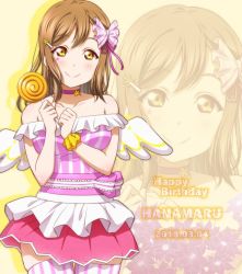 Rule 34 | 1girl, anibache, birthday, blush, breasts, brown hair, candy, character name, choker, collarbone, commentary, dated, english text, facial tattoo, food, hair ribbon, happy birthday, kunikida hanamaru, large breasts, lollipop, long hair, looking at viewer, love live!, love live! sunshine!!, ribbon, scrunchie, sidelocks, smile, solo, star tattoo, striped clothes, striped thighhighs, tattoo, thighhighs, wings, wrist scrunchie, yellow background, yellow scrunchie