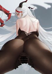 Rule 34 | 1girl, aegir (azur lane), ass, azur lane, bad id, bad pixiv id, bar censor, bare shoulders, black panties, blush, bodystocking, breasts, censored, closed mouth, covered anus, cross, cross earrings, earrings, from below, glassjill, highres, horns, jewelry, large breasts, long hair, looking at viewer, multicolored hair, panties, pussy, pussy juice, red hair, see-through, silver hair, solo, spread pussy, spread pussy under clothes, streaked hair, underwear, yellow eyes