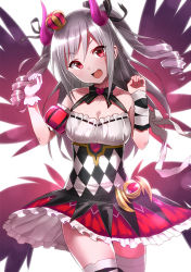 Rule 34 | 10s, 1girl, :d, argyle, bad id, bad pixiv id, bandages, black wings, crown, dress, drill hair, gloves, hair ribbon, head tilt, heart, horns, idolmaster, idolmaster cinderella girls, kanzaki ranko, long hair, mini crown, open mouth, red eyes, ribbon, silver hair, single glove, smile, solo, sonsoso, thighhighs, twin drills, two side up, white gloves, wings