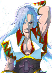 Rule 34 | 1boy, absurdres, arm behind head, artist name, blue hair, chrono cross, closed mouth, dated, gloves, hair between eyes, hand on own head, highres, karsh (chrono cross), long hair, male focus, multicolored clothes, multicolored gloves, muscular, muscular male, parted bangs, pectorals, red eyes, shikiwo, short sleeves, smile, solo, upper body, white gloves