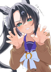 1girl absurdres animal_ears black_hair blush breasts collarbone commentary_request green_eyes grin hair_ornament highres horse_ears horse_girl looking_at_viewer medium_breasts rbxlaifjzlilxep satono_crown_(umamusume) school_uniform side_ponytail smile solo tracen_school_uniform umamusume white_background