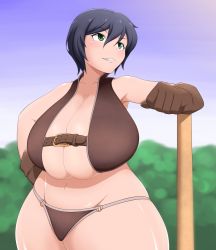 Rule 34 | 1girl, black hair, breasts, cleavage, curvy, green eyes, grin, huge breasts, magure senshi, navel, original, plump, short hair, smile, solo, standing, thick thighs, wide hips