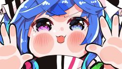 Rule 34 | 1girl, against glass, blue eyes, blue hair, cheek press, cheek squash, chibi, close-up, commentary request, dot nose, eyelashes, fang, forehead, hands up, heterochromia, highres, horse girl, long hair, nabe (nabe otome), open mouth, pink eyes, sidelocks, skin fang, solo, twin turbo (umamusume), umamusume, v-shaped eyebrows