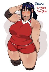 Rule 34 | 1girl, arm behind back, arm up, blue hair, blush, breasts, character name, commentary, cropped legs, elbow pads, english commentary, english text, hair between eyes, highres, lightsource, looking at viewer, open mouth, orange eyes, original, osako marika, plump, ponytail, puff of air, red shorts, shadow, short shorts, shorts, sidelocks, simple background, single elbow pad, sleeveless, solo, sweat, thick arms, thick eyebrows, thick thighs, thighs, white background