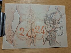 Rule 34 | 1boy, 1other, 2024, androgynous, ass, back hair, bara, body writing, colored pencil (medium), from behind, hairy, hand on another&#039;s head, head on ass, head out of frame, ink (twistydr0p), male focus, muscular, muscular male, muted color, nude, original, photo (medium), solo focus, sparse leg hair, thick ass hair, traditional media