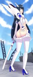 Rule 34 | 1girl, absurdres, ass, ass grab, backboob, blue eyes, breasts, clothes, female focus, full body, grabbing, grabbing own ass, highres, holding, holding sword, holding weapon, katana, kill la kill, kiryuuin satsuki, looking at viewer, medium breasts, nocunoct, short hair, smile, solo, sword, weapon