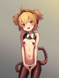 Rule 34 | 1girl, andira (granblue fantasy), animal ears, bare shoulders, blonde hair, blush, breasts, brown eyes, censored, covered erect nipples, cowboy shot, erune, gradient background, granblue fantasy, heart pasties, highres, imoko394, looking at viewer, meme attire, monkey ears, monkey girl, monkey tail, navel, open mouth, own hands together, pantyhose, pasties, revealing clothes, reverse bunnysuit, reverse outfit, short hair, shrug (clothing), small breasts, smile, solo, tail