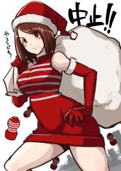 Rule 34 | 1girl, breasts, brown eyes, brown hair, butcha-u, christmas, dress, elbow gloves, gloves, hand on own hip, hat, large breasts, mole, red gloves, sack, santa costume, santa hat, short dress, short hair, smile, solo, striped clothes, striped dress, tenga, tengirl