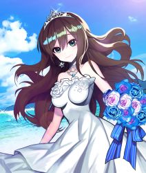 Rule 34 | 1girl, blue bow, blue flower, blue rose, bouquet, bow, brown hair, choker, closed mouth, cloud, day, dress, earrings, flower, green eyes, holding, holding bouquet, idolmaster, idolmaster cinderella girls, idolmaster cinderella girls starlight stage, jewelry, kyundoo, long hair, looking at viewer, multicolored flower, multicolored rose, outdoors, rose, shibuya rin, sky, smile, solo, strapless, strapless dress, tiara, water, white dress, white flower, white rose