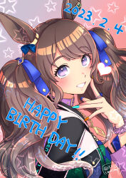 Rule 34 | 1girl, animal ears, bangle, blush, bracelet, breasts, brown hair, collar, dated, gradient background, grin, hand up, happy birthday, heart, hi (ibisf5umauma), highres, horse ears, horse girl, jacket, jewelry, long hair, looking at viewer, looking to the side, multicolored nails, necklace, open clothes, open jacket, purple eyes, small breasts, smile, solo, star (symbol), tosen jordan (umamusume), twintails, twitter username, umamusume, upper body