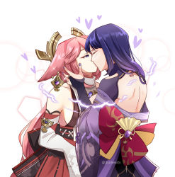 Rule 34 | 2girls, blurry, bokeh, bridal gauntlets, closed eyes, depth of field, earrings, electricity, genshin impact, gold earrings, hair over shoulder, heart, highres, jewelry, jhorliearts, kiss, looking at another, multiple girls, nail polish, pink hair, purple eyes, purple hair, purple nails, raiden shogun, yae miko, yuri