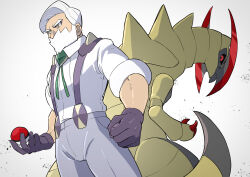 Rule 34 | 1boy, absurdres, beard, clenched hand, collared shirt, commentary request, creatures (company), drayden (pokemon), facial hair, game freak, gem, gen 5 pokemon, gloves, green gemstone, green ribbon, haxorus, highres, holding, holding poke ball, male focus, mira (miramita8727), neck ribbon, nintendo, pants, poke ball, pokemon, pokemon (creature), pokemon bw, ribbon, shirt, short hair, simple background, suspenders, white background, white hair, white shirt, yellow eyes