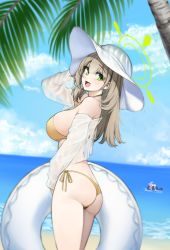 Rule 34 | absurdres, ama doooo, ass, beach, bikini, blue archive, breasts, brown hair, green eyes, halo, hat, highres, hoshino (blue archive), innertube, large breasts, long hair, nonomi (blue archive), nonomi (swimsuit) (blue archive), open mouth, sideboob, sky, solo focus, sun hat, swim ring, swimsuit