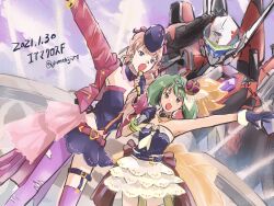 Rule 34 | 2021, 2girls, blonde hair, choker, commentary request, concert, dated, dress, green hair, hat, highres, macross, macross frontier, macross frontier: sayonara no tsubasa, mecha, microphone, multiple girls, music, pantyhose, ranka lee, robot, salute, science fiction, sheryl nome, signature, singing, sketch, skirt, thighhighs, torn clothes, torn pantyhose, variable fighter, yf-29, yumekijiiro