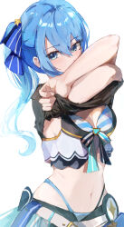 Rule 34 | 1girl, absurdres, bikini, blue eyes, blue hair, breasts, clothes lift, commentary request, crossed arms, hair ornament, hair ribbon, highres, hololive, hololive summer 2023 swimsuit, hoshimachi suisei, lifting own clothes, looking at viewer, navel, ribbon, shirt lift, side ponytail, simple background, small breasts, solo, star (symbol), star hair ornament, star in eye, stomach, striped bikini, striped clothes, swimsuit, symbol in eye, virgo76612871, virtual youtuber, white background