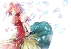 Rule 34 | 1girl, arm garter, arms at sides, bandaged arm, bandages, bloom, breasts, bun cover, chain, chinese clothes, cowboy shot, cuffs, double bun, closed eyes, flower, from side, green skirt, hair bun, highres, ibaraki kasen, light particles, parted lips, petals, pink flower, pink hair, pink rose, puffy short sleeves, puffy sleeves, rose, shackles, short hair, short sleeves, skirt, small breasts, solo, tabard, touhou, u u zan