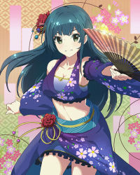 Rule 34 | 10s, 1girl, :d, artist request, bare shoulders, blush, breasts, cleavage, collarbone, cowboy shot, detached sleeves, hand fan, floral print, flower, frills, green eyes, green hair, hair ornament, long hair, looking at viewer, matching hair/eyes, midriff, navel, official art, open mouth, parted lips, skirt, smile, solo, standing, teeth, wake up girls!, wake up girls! stage no tenshi, yagami suzuka