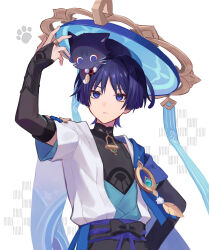 Rule 34 | 1boy, 32 oogawa, absurdres, animal, animal ears, animal on head, animalization, arm armor, arm up, belt, black belt, black bow, black shirt, black shorts, blue gemstone, blue headwear, blue vest, blunt ends, bow, bowtie, cat, cat ears, cat tail, closed mouth, eyeliner, gem, genshin impact, gold, hair between eyes, hand on own hip, hand up, hat, highres, jewelry, jingasa, leaf, looking at another, looking down, looking up, male focus, mandarin collar, necklace, no mouth, official alternate costume, on head, open clothes, open vest, parted bangs, pom pom (clothes), purple belt, purple eyes, purple fur, purple hair, red bow, red bowtie, red eyeliner, ring, scaramouche (cat) (genshin impact), scaramouche (genshin impact), shirt, short hair, short sleeves, shorts, simple background, sitting, sitting on person, sleeveless, sleeveless shirt, standing, tail, tassel, teeth, two-tone vest, vest, vision (genshin impact), wanderer (genshin impact), white background, white vest