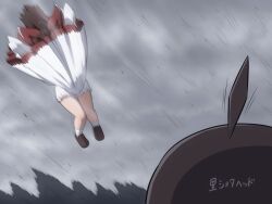 Rule 34 | 1boy, 1girl, ahoge, bloomers, bow, brown footwear, brown hair, commentary request, flying, full body, grey sky, hair bow, hakurei reimu, long hair, motion blur, outdoors, overcast, red bow, shirosato, skirt, sky, touhou, underwear, white bloomers, white skirt, wind, wind lift