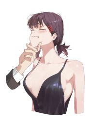Rule 34 | 1girl, 1other, bad id, bad twitter id, bare shoulders, black dress, black spaghetti, blush, breasts, chainsaw man, cleavage, closed eyes, dino (dinoartforame), disembodied limb, dress, embarrassed, facing up, hair ornament, hairclip, hand on another&#039;s chin, higashiyama kobeni, large breasts, medium hair, mole, mole under mouth, revision, short ponytail, simple background, solo focus, spaghetti, spaghetti strap, white background