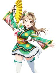 Rule 34 | 10s, 1girl, :d, brown hair, floating hair, green kimono, hair ornament, hairclip, hand fan, holding, holding fan, japanese clothes, kimono, long hair, looking at viewer, love live!, love live! school idol festival, love live! school idol project, minami kotori, open mouth, outstretched arm, ribbon, side ponytail, skirt, smile, solo, standing, thighhighs, transparent background, white skirt, white thighhighs, yellow eyes, yellow ribbon