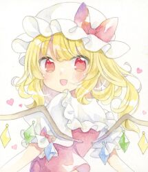 Rule 34 | 1girl, :d, blonde hair, blush, bow, commentary request, crystal, flandre scarlet, hat, hat bow, highres, kagome f, long hair, looking at viewer, looking to the side, one side up, open mouth, puffy short sleeves, puffy sleeves, red bow, red eyes, red vest, shirt, short sleeves, simple background, smile, solo, touhou, upper body, vest, white background, white hat, white shirt, wings