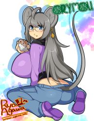Rule 34 | 1girl, :t, agawa ryou, ahoge, animal ears, artist name, ass, blue eyes, borrowed character, breasts, character name, cupcake, earrings, eating, female focus, food, food on face, from behind, glasses, grey hair, huge breasts, jewelry, long hair, looking at viewer, looking back, mouse ears, mouse tail, muffin, no panties, original, ory mou, pants, seiza, shirt, shoe soles, shoes, silhouette, sitting, solo, tail, wariza, watermark, web address