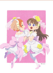 Rule 34 | 2girls, :d, ^ ^, back bow, border, bow, bow hairband, brown hair, choker, closed eyes, commentary request, cosplay, dress, dress flower, earrings, facing another, flower, fujishima megumi, hairband, high heels, highres, holding hands, hoshizora rin, in-franchise crossover, interlocked fingers, jewelry, leg up, link! like! love live!, long hair, looking at another, love live!, love live! school idol project, love wing bell, matching outfits, meidosan, multiple girls, off-shoulder dress, off shoulder, open mouth, orange hair, pantyhose, pink background, pink bow, pink dress, pink footwear, purple eyes, short hair, smile, standing, standing on one leg, white border, white choker, white dress, white hairband, white pantyhose, yellow flower