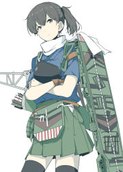 Rule 34 | 1girl, alternate costume, arrow (projectile), bad id, bad tumblr id, black hair, black thighhighs, blue kimono, brown eyes, brown gloves, closed mouth, cowboy shot, crossed arms, flight deck, gloves, green skirt, hip vent, japanese clothes, kaga (kancolle), kantai collection, kimono, looking afar, muneate, ninimo nimo, pleated skirt, quiver, scarf, short hair, short sleeves, side ponytail, simple background, single glove, skirt, solo, standing, thighhighs, white background, white scarf, zettai ryouiki