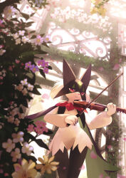 Rule 34 | 1other, :3, bow (music), closed mouth, commentary request, creatures (company), falling petals, flower, from below, furry, game freak, highres, holding, holding instrument, instrument, meowscarada, music, nintendo, petals, playing instrument, pokemon, red eyes, ribero, sparkle, standing