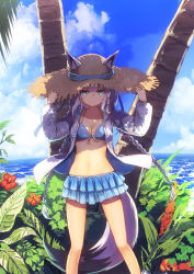 Rule 34 | 1girl, absurdres, alternate hairstyle, animal ears, aqua eyes, bare legs, beach, bikini, bikini skirt, blue bikini, blue sky, braid, breasts, cleavage, closed mouth, cloud, cloudy sky, coconut tree, commentary, cowboy shot, day, flower, fox ears, fox tail, frilled bikini, frills, hair between eyes, hands on headwear, hat, hibiscus, highres, hololive, jacket, long hair, long sleeves, looking at viewer, medium breasts, midriff, namako (namacotan), navel, ocean, open clothes, open jacket, outdoors, palm tree, plant, shade, shirakami fubuki, shirakami fubuki (hololive summer 2019), side braid, silver hair, sky, smile, solo, standing, straw hat, sunlight, swimsuit, tail, thighs, tree, twin braids, twintails, virtual youtuber, white jacket