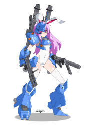 Rule 34 | 1girl, absurdres, animal ears, armor, artist name, blue armor, blush, character name, closed mouth, covered navel, dual wielding, eyebrows, faulds, full body, gauntlets, greaves, groin, gun, gundam, highleg, highleg leotard, highres, holding, holding gun, holding weapon, kampfer (mobile suit), leotard, light purple hair, light smile, long hair, looking at viewer, mecha musume, nanaya777, pauldrons, purple hair, rabbit ears, red eyes, reisen udongein inaba, shadow, shoulder armor, simple background, skin tight, solo, standing, touhou, vambraces, very long hair, weapon, white background, white legwear