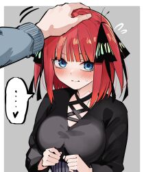 Rule 34 | 1boy, 1girl, black cardigan, black ribbon, blue cardigan, blue eyes, blush, breasts, butterfly hair ornament, cardigan, closed mouth, eyebrows hidden by hair, go-toubun no hanayome, hair between eyes, hair ornament, hair ribbon, headpat, highres, large breasts, looking at viewer, mame1645, nakano nino, nervous smile, pink hair, quintuplets, ribbon, shirt, short hair, shy, siblings, simple background, smile, sound effects, speech bubble, straight hair, uesugi fuutarou, upturned eyes