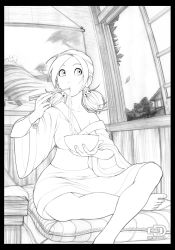 Rule 34 | 1girl, barefoot, chopsticks, eating, food, greyscale, highres, indian style, japanese clothes, kimono, lineart, monochrome, noodles, omar dogan, original, sitting, sketch, solo, udon