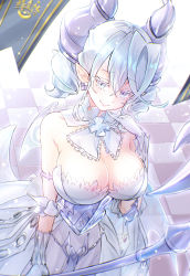 Rule 34 | breasts, chomose, cleavage, collarbone, demon girl, demon horns, demon wings, drill hair, duel monster, earrings, gloves, grey eyes, highres, holding, holding polearm, holding weapon, horns, jewelry, lovely labrynth of the silver castle, large breasts, leotard, leotard under clothes, looking at viewer, looking up, low wings, pointy ears, polearm, silver hair, smile, watermark, weapon, white gloves, white horns, white wings, wings, yu-gi-oh!, yu-gi-oh! duel monsters