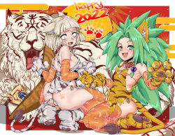 Rule 34 | 2022, 2girls, absurdres, animal ears, blunt bangs, breasts, cat ears, cat girl, cham cham, chinese zodiac, crois, crossover, dromarch (xenoblade), feet, gloves, highres, multiple girls, nia (xenoblade), paw gloves, paw shoes, paws, samurai spirits, short hair, silver hair, small breasts, tiger, xenoblade chronicles (series), xenoblade chronicles 2, year of the tiger, yellow eyes