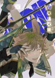 Rule 34 | 1boy, animal ears, arknights, bishounen, blonde hair, boots, fingerless gloves, gloves, green eyes, green hair, hand up, highres, jacket, leonhardt (arknights), looking at viewer, male focus, multicolored hair, necktie, one eye closed, oumaigang, polearm, rabbit boy, rabbit ears, rabbit tail, short hair, spear, tail, weapon