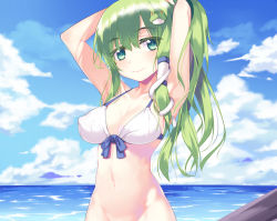 Rule 34 | 1girl, aoi (buzhuen444), aqua eyes, armpits, arms up, bikini, blue sky, blush, bottomless, breasts, cleavage, closed mouth, cloud, cloudy sky, collarbone, day, frog hair ornament, front-tie bikini top, front-tie top, green hair, hair between eyes, hair ornament, hair tubes, hip focus, kochiya sanae, large breasts, light smile, long hair, looking at viewer, navel, ocean, outdoors, ponytail, sidelocks, sky, smile, snake hair ornament, solo, swimsuit, touhou, tying hair, upper body, white bikini
