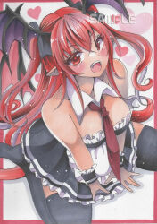 Rule 34 | 1girl, bare shoulders, bat wings, black thighhighs, black wings, blush, breasts, collarbone, from above, hair between eyes, head wings, heart, heart background, highres, koakuma, long hair, looking at viewer, looking up, maccha xxxxxx, marker (medium), medium breasts, necktie, open mouth, pointy ears, red eyes, red hair, red necktie, sample watermark, sitting, soles, solo, teeth, thighhighs, touhou, traditional media, upper teeth only, very long hair, wariza, watermark, wings, wrist cuffs