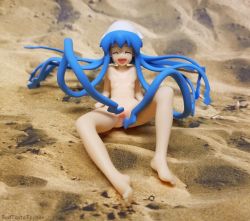 Rule 34 | 1girl, barefoot, beach, blue hair, breasts, closed eyes, figure, happy, highres, ikamusume, lying, nude, on back, open mouth, pussy, revoltech, small breasts, solo, squid girl, tentacles, toy, uncensored