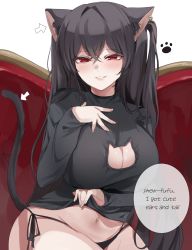 Rule 34 | 1girl, absurdres, animal ears, arrow (symbol), bikini, black bikini, black hair, black shirt, blouse, blush, breasts, cat ears, cat girl, cat tail, commentary, crossed bangs, dolechan, english commentary, english text, hand on own chest, highres, korean commentary, large breasts, long hair, long sleeves, looking at viewer, mixed-language commentary, navel, original, parted lips, paw print, red eyes, shirt, side-tie bikini bottom, side ponytail, smile, solo, swimsuit, tail